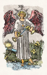 Watercolor Painting Of The Star Tarot Card From The Rider-Waite-Smith Traditional Tarot Deck Depicting Red-Winged Archangel Michael Throwing Water From A Cup To Another Symbolizing Balance And Poise