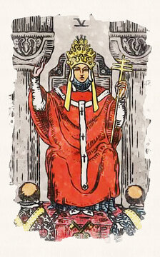 Watercolor Painting Of The Hierophant Tarot Card From The Rider-Waite-Smith Traditional Tarot Deck Depicting The Pope Sitting On A Throne Pointing Up And Holding A Scepter Above Two Of His Disciples