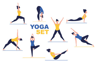 Yoga poses set. Woman doing fitness and yoga exercises, practicing meditation and stretching, workout.  Lunges, side planks, etc.  Healthy lifestyle concept. Flat cartoon illustration.
