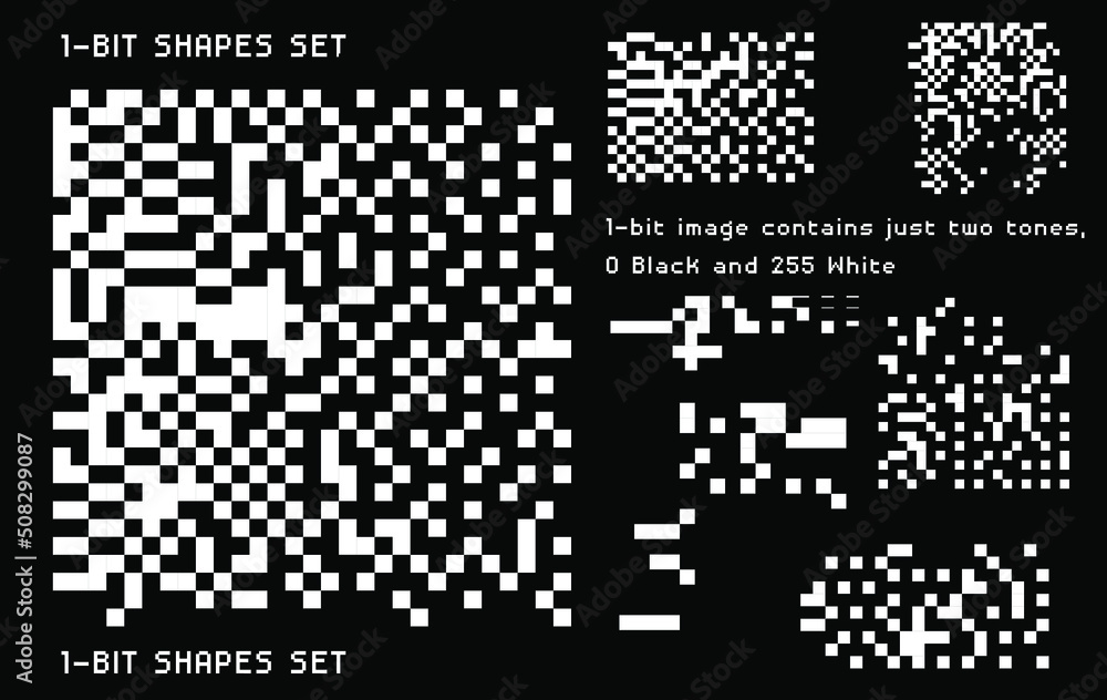 Poster Set of bitmap pixel textures. Collection of 1-bit retro elements for design.