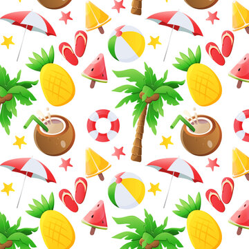 summer seamless pattern with palm tree, cocktail and other items. vector background for printing