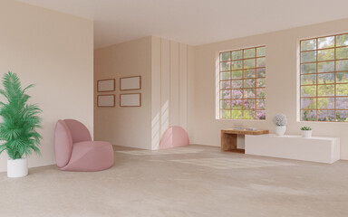 Bright room with a modern minimalist design. 3D illustration. Render