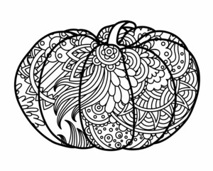 Zentangle pumpkin. Vector ornamental and decorative template illustration for printing on postcards, t-shirts, bags, cups, clothing, Wallpaper, posters, coloring books, interior paintings.
