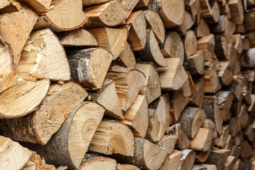 Fototapeta premium firewood stacked in the woodpile, textured firewood background of chopped wood