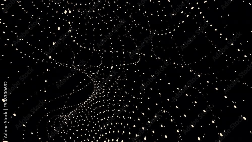 Poster curved energy flows from points. design. point lines move in cosmic stream on black background. math