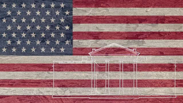 Hand drawing of the white house on a wooden table painted with the American flag. usa flag,
Line art.