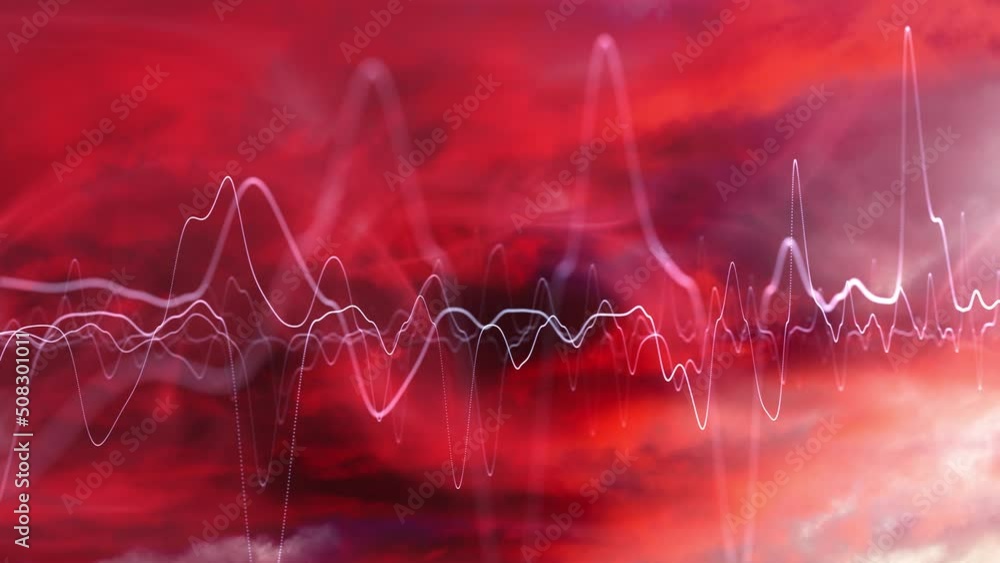 Poster artistic red cloudscape with abstract curvy heartbeat graph animation.