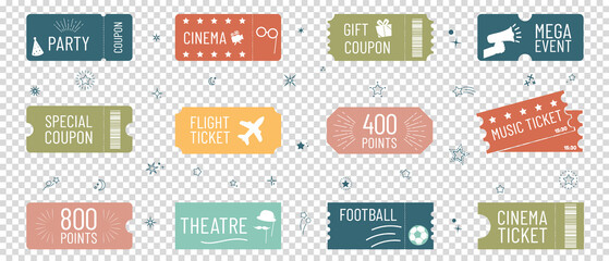 Cinema, Movie, Concert, Theatre, Flight, Football, Ticket Icon Set - Different Vector Illustrations Isolated On Transparent Background - obrazy, fototapety, plakaty