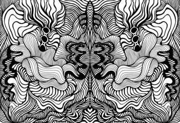 Kaleidoscope coloring page with many curly waves pattern. Black and white mandala creative abstract background. Psychedelic stylish texture.