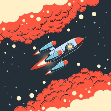 Rocket in space with clouds - retro comic style. Retro spaceship flies in outer space. Vector illustration.