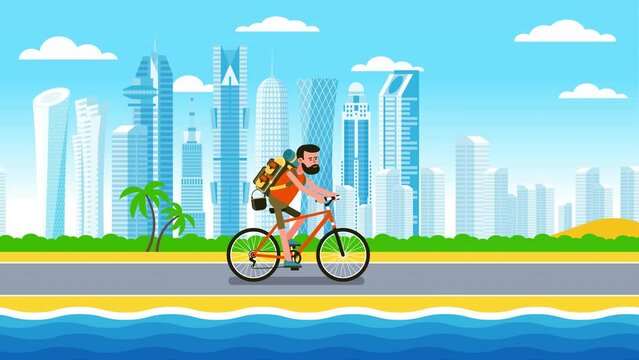 Cyclist with backpack on arabian city skyscrapers background. Family traveling in Qatar. Looped animation.