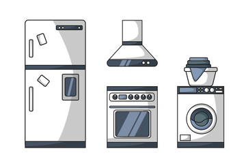 A set of home appliances (refrigerator, gas stove, extractor hood and washing machine) in a flat style. Vector image.