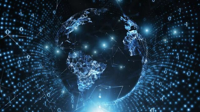 Concept digital technology earth globe rotation with binary data tunnel travel animation.