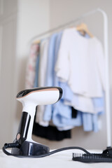 Doing household chores. Washing, drying and ironing clothes at home