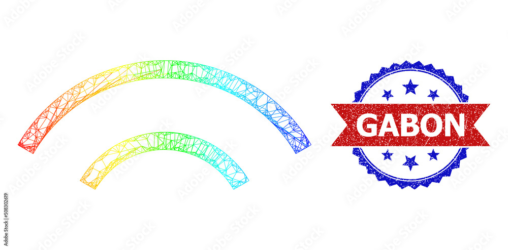 Poster net mesh radio signal frame icon with spectrum gradient, and bicolor textured gabon watermark. red s