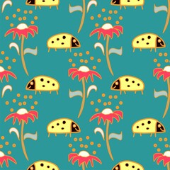 Flowers and ladybirds bright vector seamless repeat pattern on teal