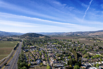 Aerial view of Yountville, California, one of the many small towns in Napa Valley known for its...