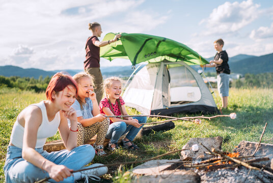 Three sisters cheerfully laughing and roasting marshmallows and candies on sticks over campfire flame while two brothers set up the green tent. Happy family outdoor picnic camping activities concept.