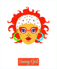 Vector clip art of a young girl. A human face in fashionable sunglasses with summer accessories.