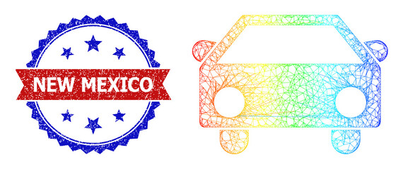 Mesh net car framework icon with spectral gradient, and bicolor grunge New Mexico seal stamp. Red stamp seal includes New Mexico caption inside blue rosette. Bright frame mesh car icon.