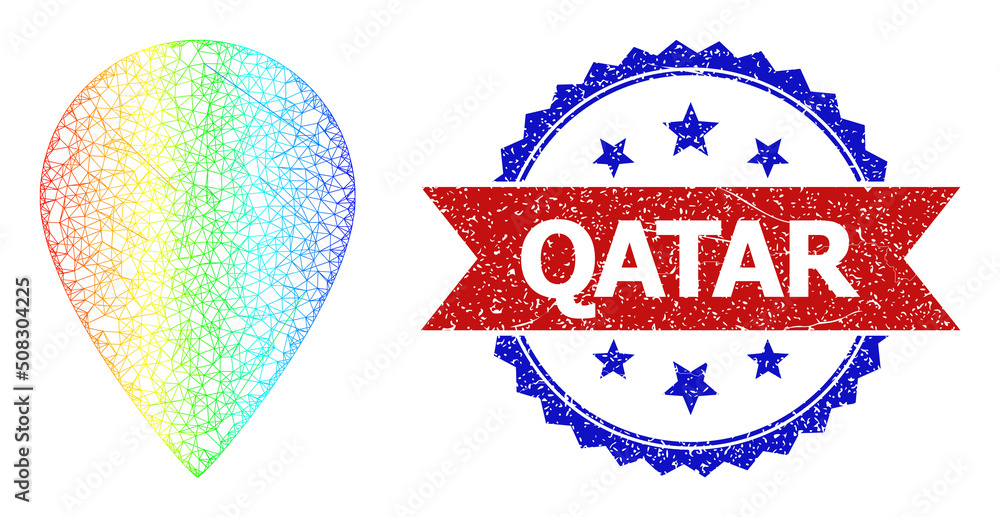 Poster crossing mesh map pointer carcass icon with rainbow gradient, and bicolor rubber qatar seal stamp. r