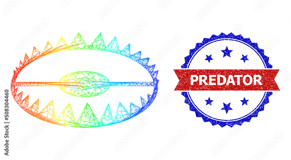 Poster mesh net trap frame icon with spectrum gradient, and bicolor scratched predator stamp. red stamp sea