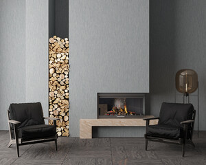 3d illustration. Stylish interior with a fireplace and two loft-style armchairs. Floor lamp and marble floor.