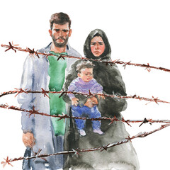 Woman, man and child, refugees. Muslim family and barbed wire, border. Hand drawn mother, father with crying baby. Watercolor sketching isolated illustration.