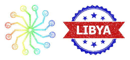Net mesh radial circuit links carcass illustration with rainbow gradient, and bicolor textured Libya seal stamp. Red stamp contains Libya caption inside blue rosette.