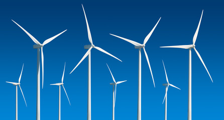 Three-bladed wind turbines at different angles, isolated collection on blue background