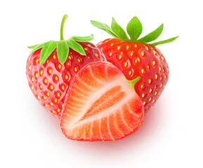 Cut strawberries isolated on white background, top view