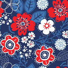 Fototapeta na wymiar Red, white, and blue colored liberty floral. This repeating vector pattern is colored to celebrate American summer holidays. Bring it to a picnic this July as a surface design or background.