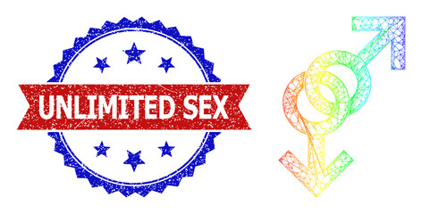 Mesh net gay pair sign model icon with rainbow gradient, and bicolor scratched Unlimited Sex seal stamp. Red seal has Unlimited Sex tag inside blue rosette. Colored carcass net gay pair sign icon.