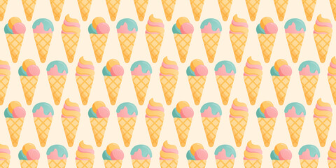 Seamless colorful pattern with diffrent types of ice cream in cones