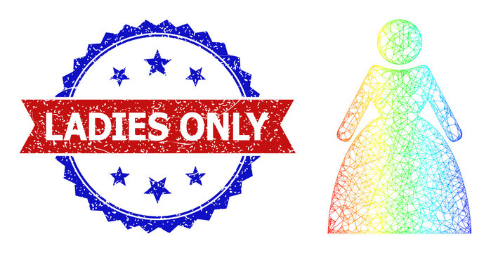 Crossing mesh lady wireframe icon with spectral gradient, and bicolor unclean Ladies Only stamp. Red stamp has Ladies Only title inside blue rosette. Colored frame net lady icon.