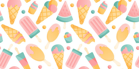 Seamless colorful pattern with diffrent types of ice cream on white background