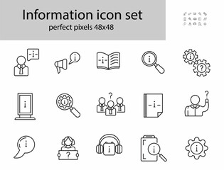 Information line icon vector set. Info and help desk. Guidness, Reading Guide, 24 hours helper, technical support chat online.
