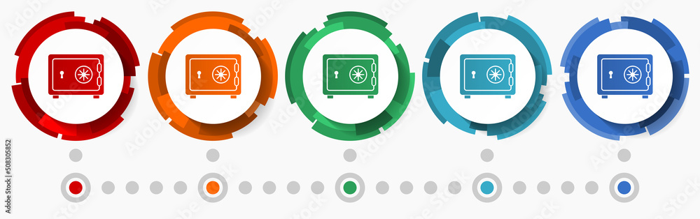 Aufkleber Bank, safe concept vector icon set, modern design abstract web buttons in 5 color options, infographic template for webdesign and mobile apps