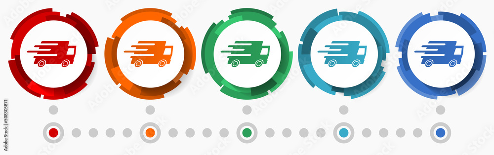 Leinwandbilder Fast delivery concept vector icon set, modern design abstract web buttons in 5 color options, infographic template for webdesign and mobile apps