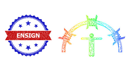 Net mesh welcome to jail carcass icon with rainbow gradient, and bicolor unclean Ensign watermark. Red badge has Ensign text inside blue rosette. Vibrant carcass mesh welcome to jail icon.