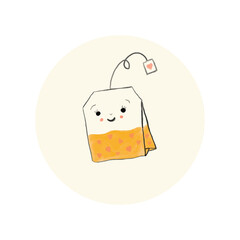 Cute isolated vector illustration of smiling tea bag character.