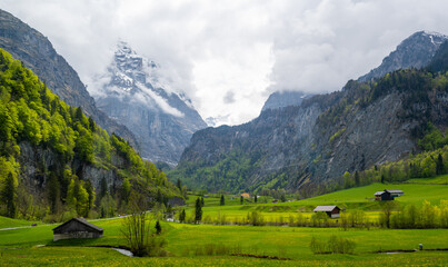 Fototapeta na wymiar Green meadow with mountains near Linthal in Swiss Alps
