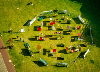 Aerial view from Düsseldorf TV tower on exhibition in small park