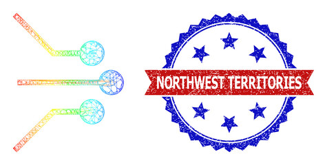 Network circuit linkages framework illustration with spectrum gradient, and bicolor rubber Northwest Territories seal stamp. Red stamp seal contains Northwest Territories title inside blue rosette.