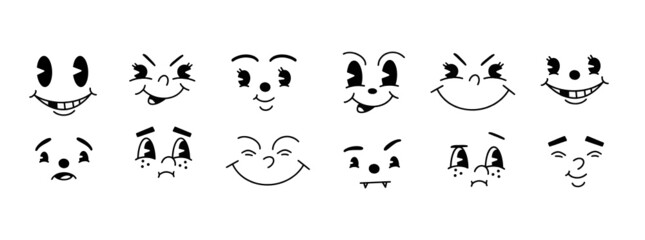 Vintage 50s cartoon and comic happy facial expressions. Old animation funny face caricatures. Retro quirky characters smile emoji set. Cute avatars with big eyes, cheeks and mouth