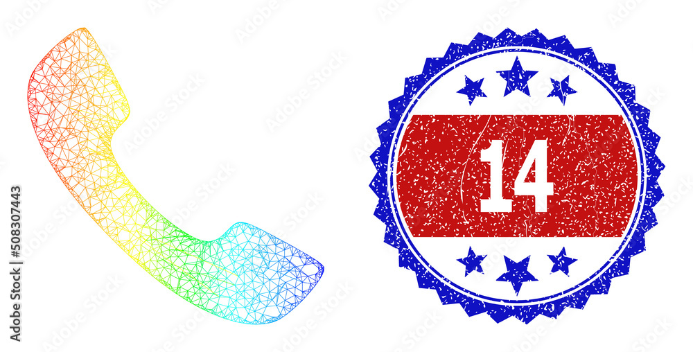 Aufkleber crossing mesh phone receiver frame icon with spectral gradient, and bicolor unclean 14 seal stamp. r