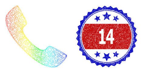Crossing mesh phone receiver frame icon with spectral gradient, and bicolor unclean 14 seal stamp. Red stamp has 14 tag inside blue rosette. Vibrant frame net phone receiver icon.