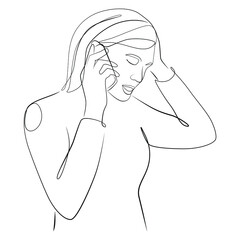 Woman talking on the phone one line drawing on white isolated background