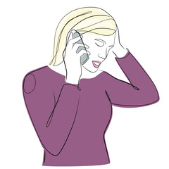 Woman talking on the phone one line drawing on white isolated background