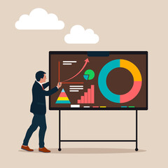 Business man or trainer, coacher writing on presentation board, flat vector illustration isolated. Business seminar or training lecturer. - obrazy, fototapety, plakaty